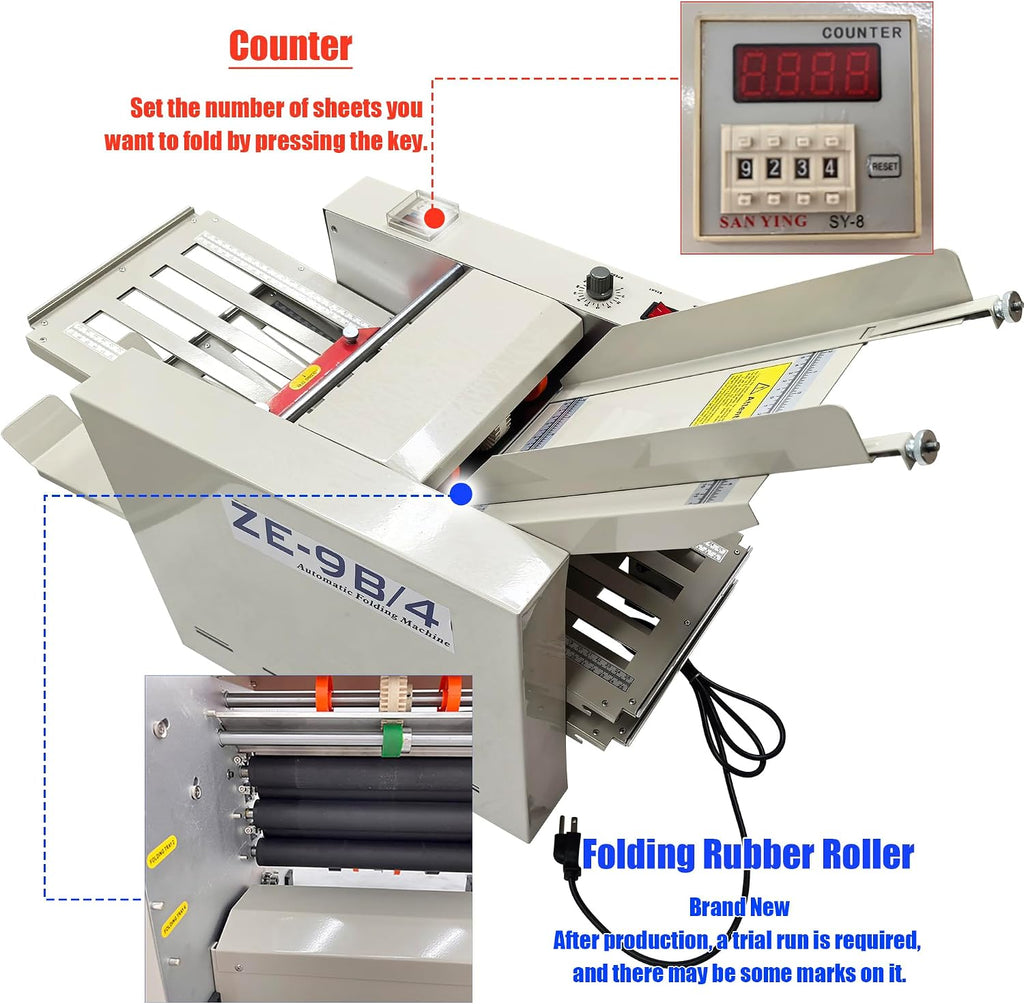 INTSUPERMAI Automatic Paper Folding Machine 110V Commercial Desktop Paper Folder with 4 Folding Plates Digital Counter Max 262ft/min Adjustable Speed for Manuals Document Business Letters