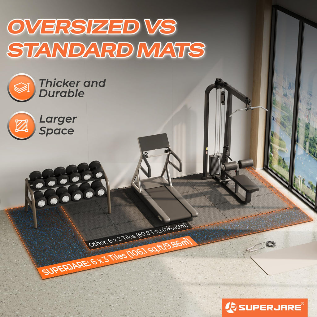 SUPERJARE 30" x 30" Larger Rubber Top Exercise Equipment Mats, 0.56" Thick 12PCS 75 Sq Ft High-Density EVA Foam Interlocking Gym Flooring, Big Workout Mat for Home Gym, Floor Protection, Black/Grey