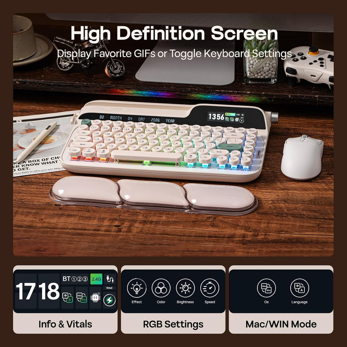 EPOMAKER Glyph Wireless Typewriter Retro Mechanical Keyboard, Screen & Knob & Lever, Wrist Rest, Round PBT Keycap, Hot Swap, RGB, Custom Software, Top-Mount, 75% Creamy Keyboard for PC/MAC