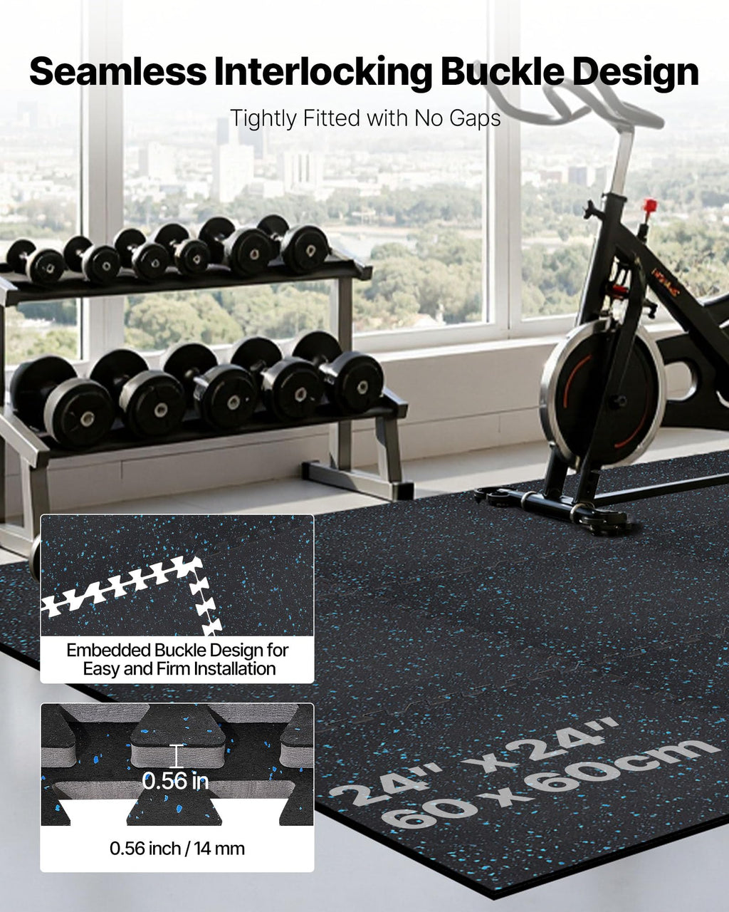 VEVOR 0.56Inch 96sq.ft 24 Tiles Gym Flooring for Home Gym, Rubber Top with High Density EVA Foam, 24 x 24In Gym Floor Exercise Equipment Mats, Interlocking Gym Mats, Puzzle Workout Mats, Black & Gray