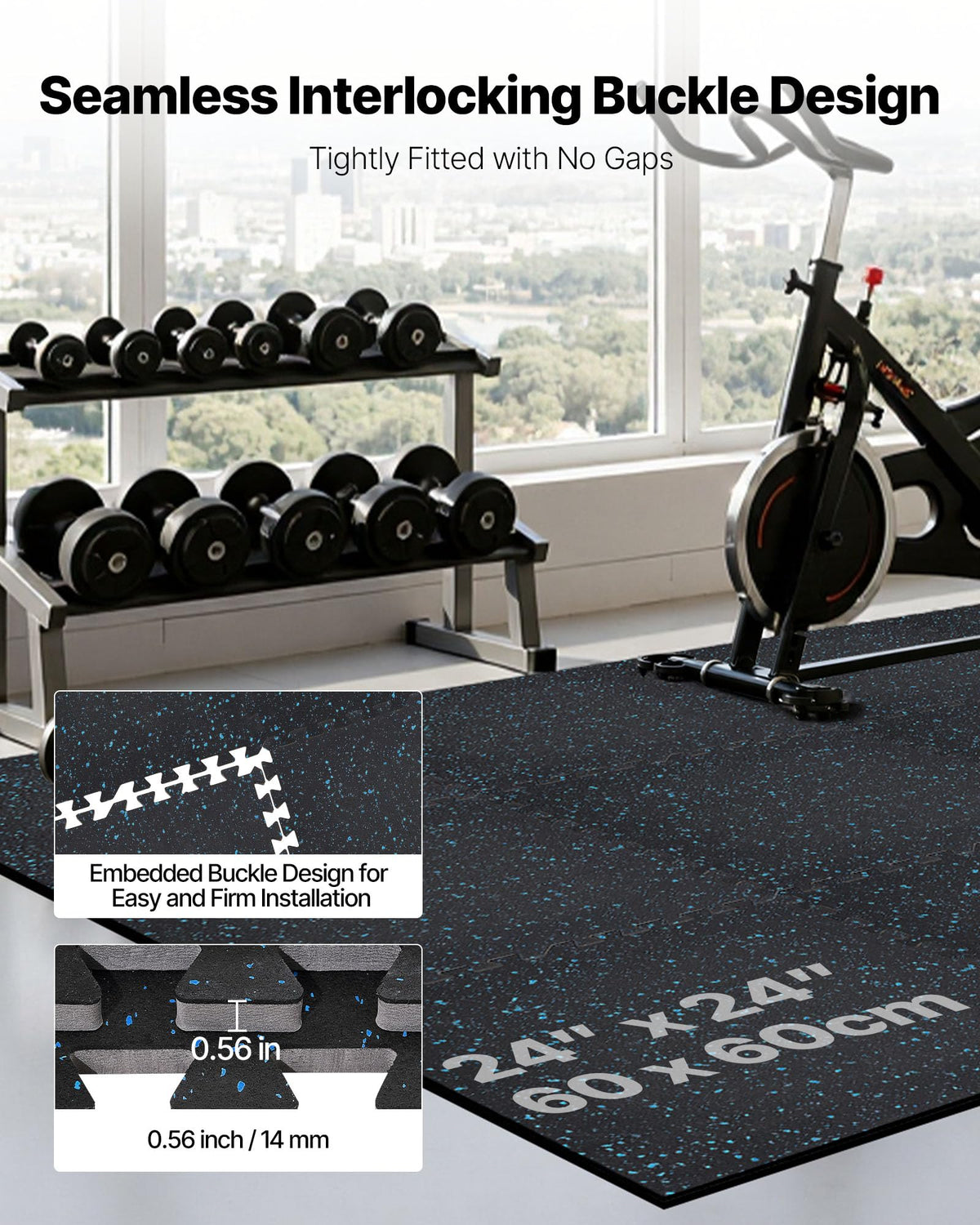 VEVOR 0.56Inch 96sq.ft 24 Tiles Gym Flooring for Home Gym, Rubber Top with High Density EVA Foam, 24 x 24In Gym Floor Exercise Equipment Mats, Interlocking Gym Mats, Puzzle Workout Mats, Black & Gray