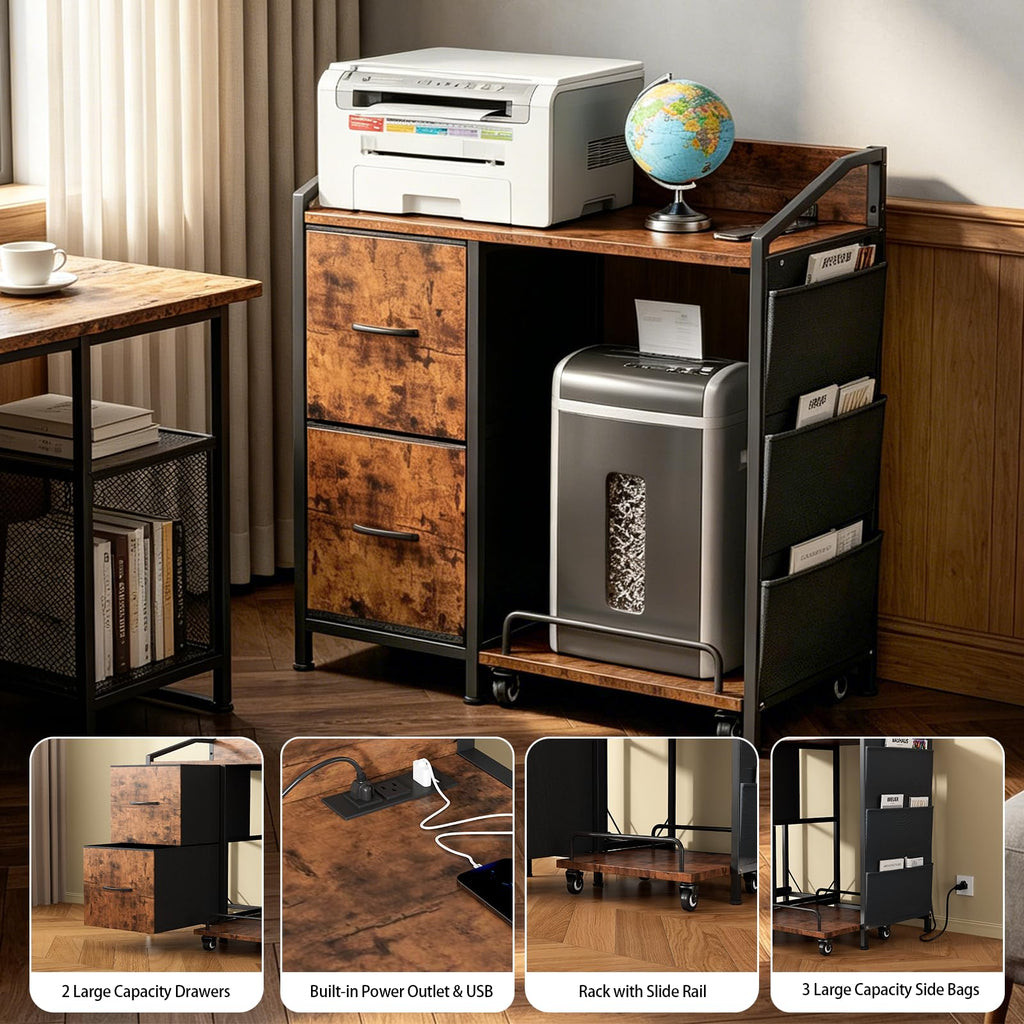 Printer Stand with Storage, Lateral Office Filing Cabinets with Power outlets & USB Charging Port, File Cabinet with Large Printer Stands for Home Office, Shredder Stand Rack (Black)