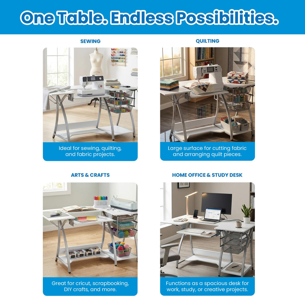 Sew Ready Folding Multipurpose Sewing Table - 47.5" W x 28" D Foldable White Hobby and Sewing Machine Table with Adjustable Shelf - Can Also Be Used as Computer Desk