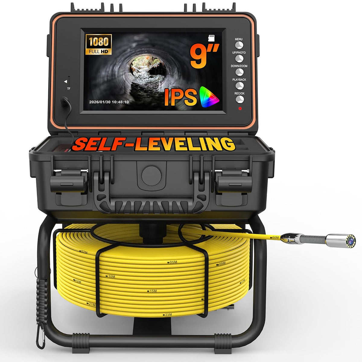 Powerwill Drain Camera with Self-Leveling, 165 ft / 50 m Sewer Pipe Inspection System, 9-Inch 1080P IPS Monitor, IP68-Rated Camera Head, 5 mm Push Cable with Meter Marking, DVR, 5X Zoom, 32GB Card