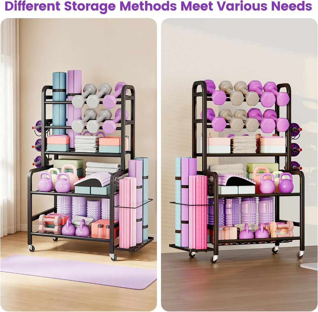 Homeiju Dumbbell Rack, Weight Rack for Home Gym, Yoga Mat Storage Holder with Lockable Wheels, Dumbbell Stand with Hooks, All in One Work out Equipment Storage for Yoga Mat Dumbbell and Balls