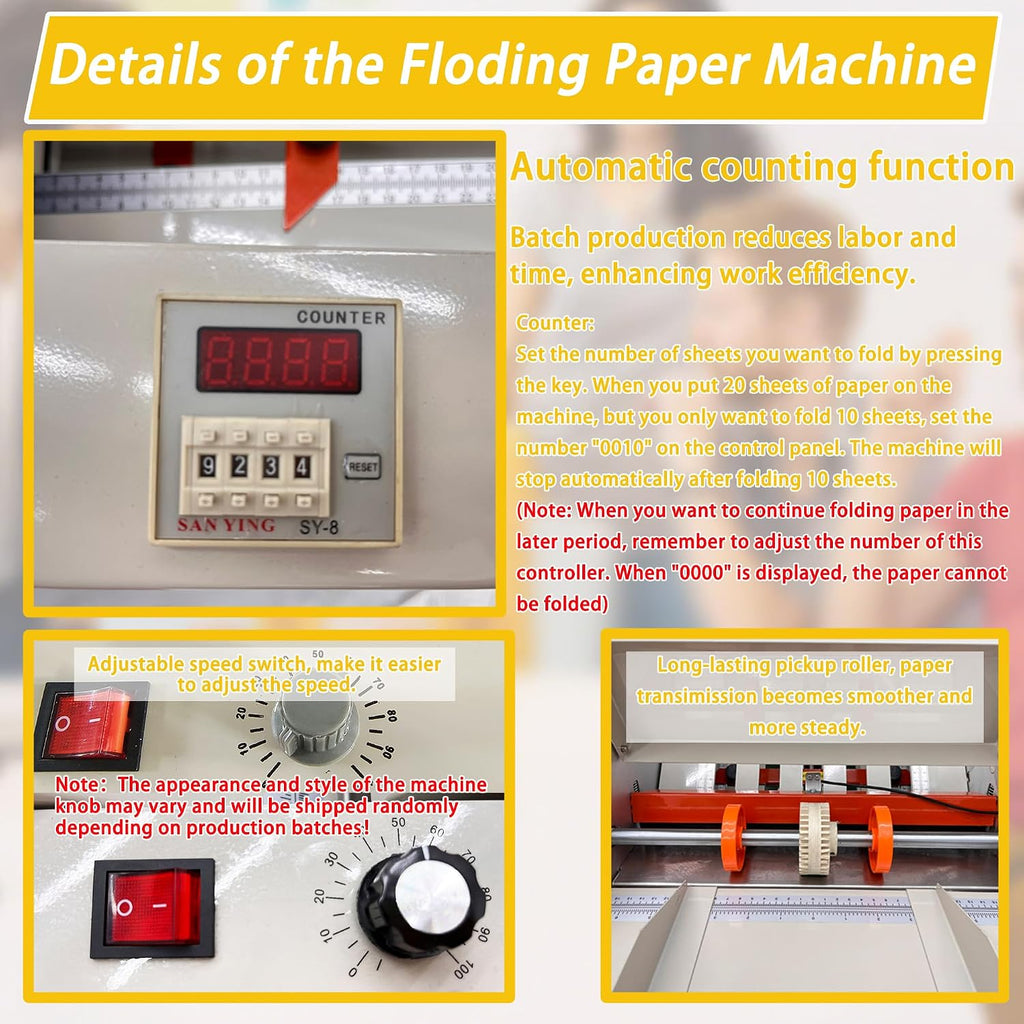 Automatic Paper Folding Machine 110V Commercial Desktop Paper Folder Cross Fold & Stepless Speed Control with Digital Sheet Counter Rubber Feed Roller for Business Letters Manuals Documents
