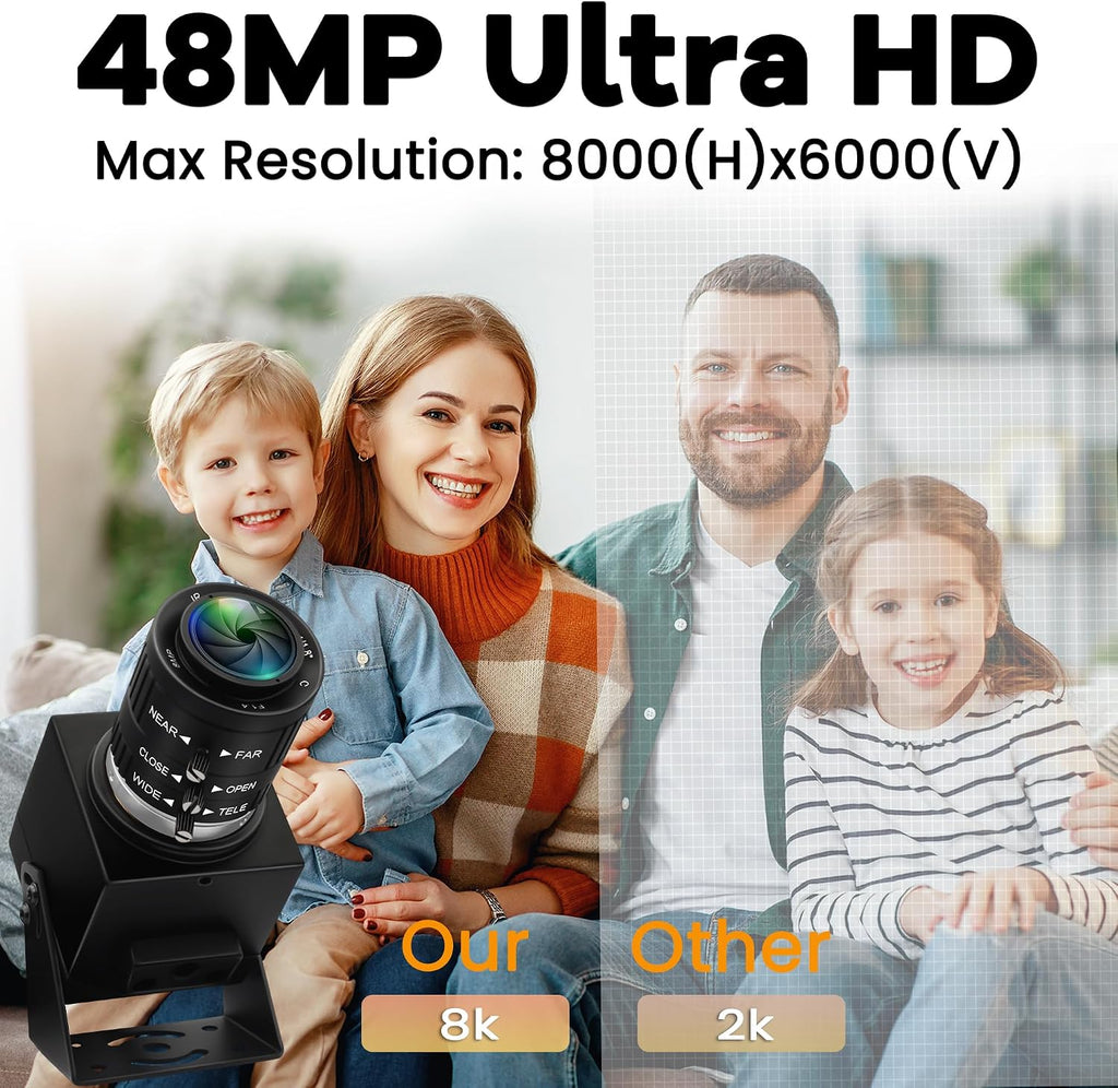 48MP 8K Ultra HD USB Camera, 3.6-10mm 3X Manual Zoom Lens, Plug and Play Close-up Webcam for Lightburn, Laser Engraver, Document Scanning & Face Recognition
