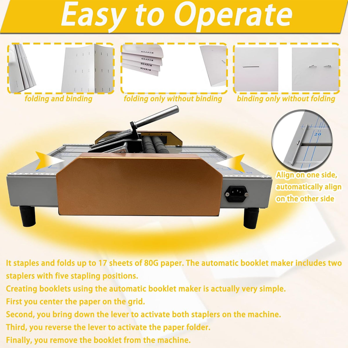 Automatic Booklet Maker & Folding Machine 110V Professional Desktop Booklet Stapler 17 Sheet 80G Paper Capacity 5 Stapling Positions Dual Action Binding Folding for Book and Paper