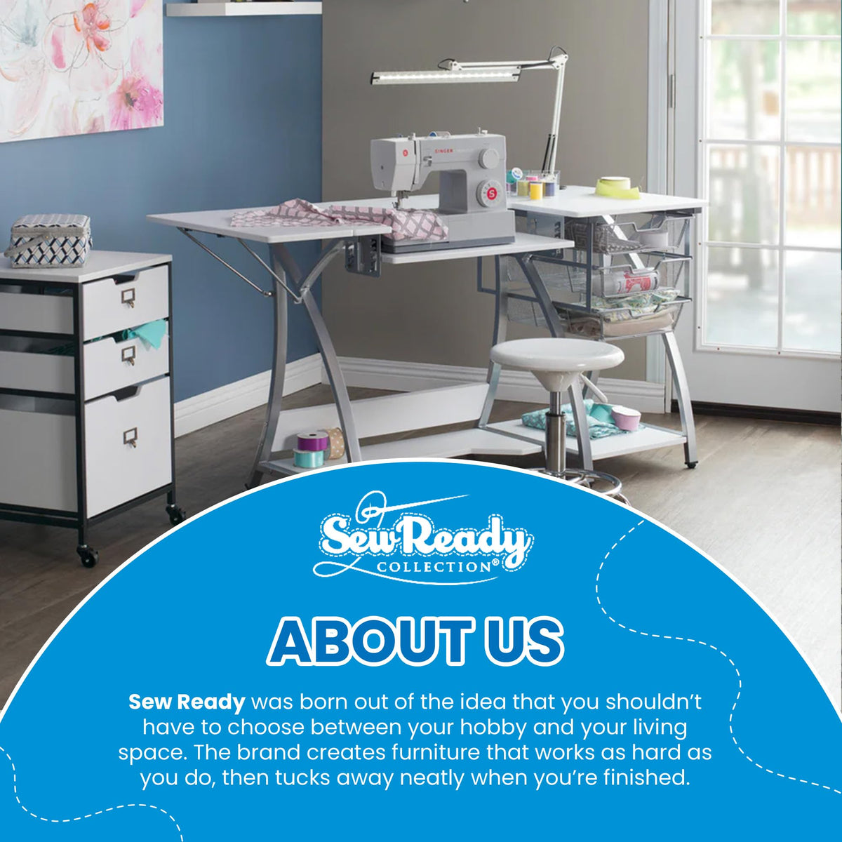 Sew Ready Folding Multipurpose Sewing Table - 47.5" W x 28" D Foldable White Hobby and Sewing Machine Table with Adjustable Shelf - Can Also Be Used as Computer Desk