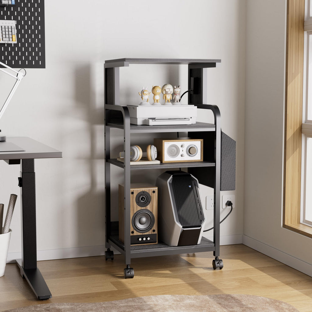Tall Printer Stand with Charging Station, 4-Tier Mobile Cart, White