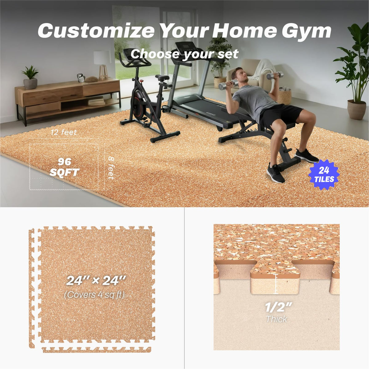 AIRHOP 1/2" Thick 48 Sq Ft Gym Flooring for Home Gym, Rubber Top Gym Mats