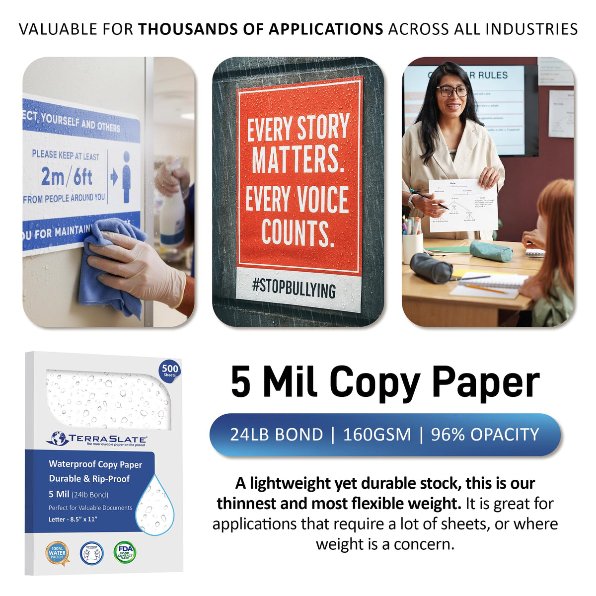 TerraSlate Premium Waterproof Paper, 5 Mil 8.5â x 11â, Laser Printer & Copy Machine Compatible, Durable & Rain/Weather-Proof Copy Paper, White Paper (100 Sheets)