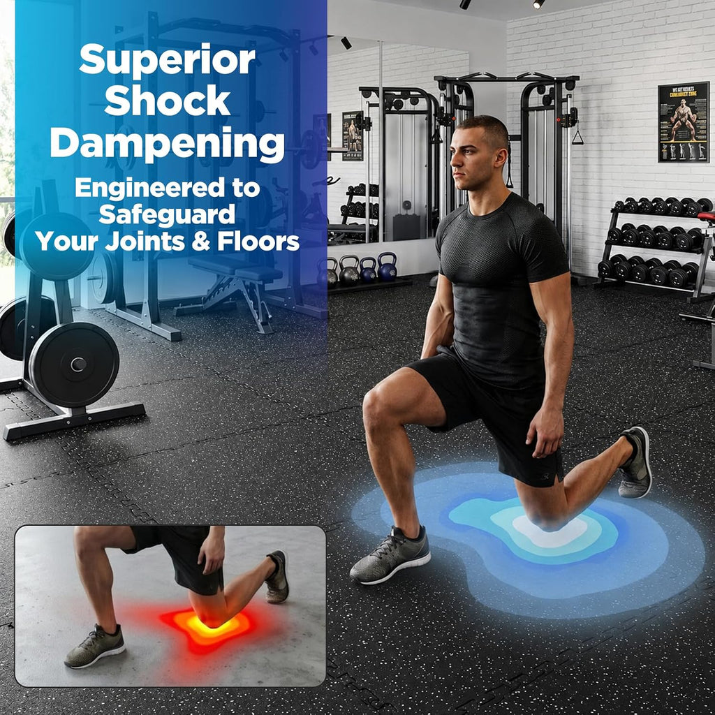 1'' Thick 48 Sq Ft Protective Gym Flooring for Home Gym, 12 Tiles Extra-Thick Rubber Top with High Density EVA Foam, Interlocking Exercise Equipment Mats, Heavy Weight Workout, Black & White