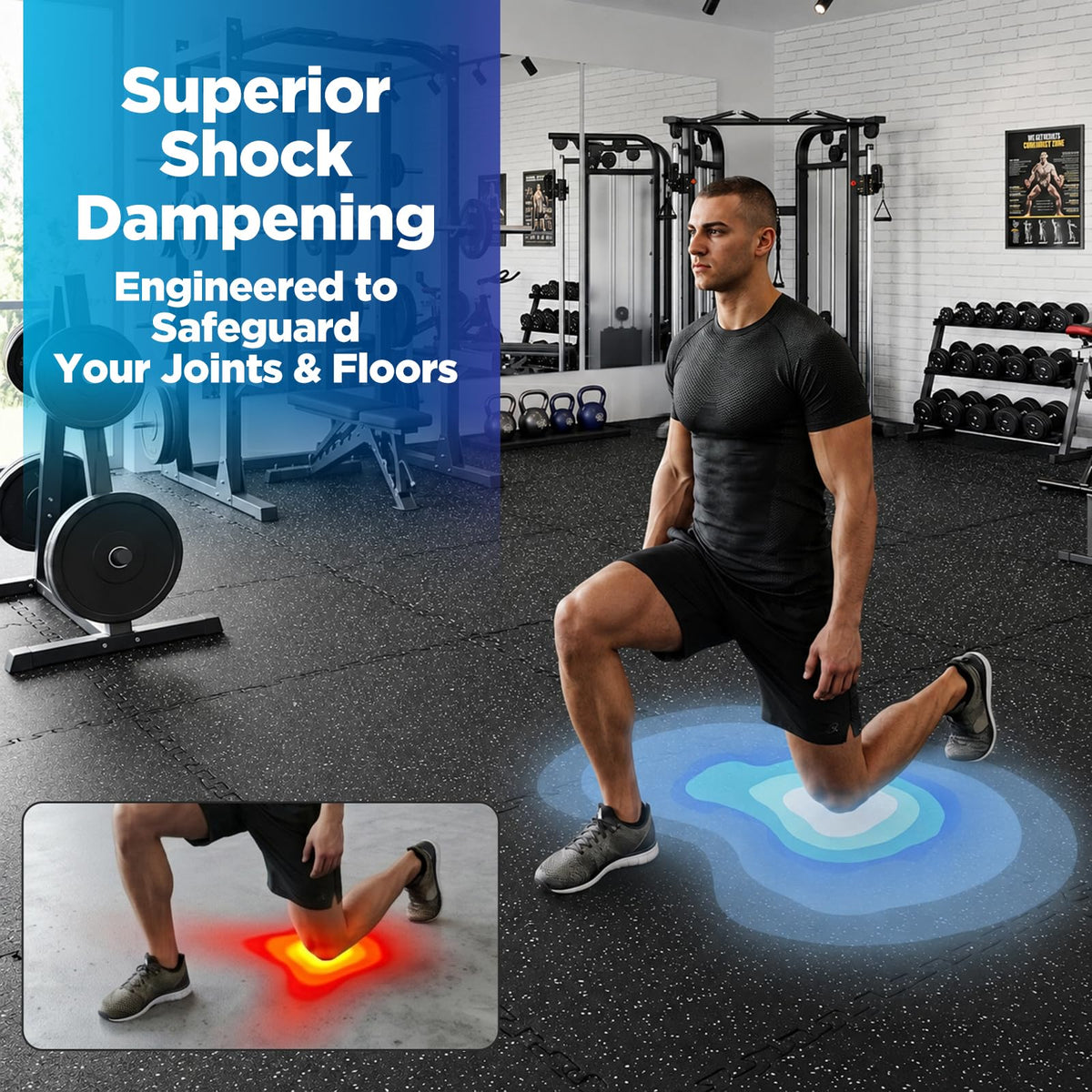 1'' Thick 48 Sq Ft Protective Gym Flooring for Home Gym, 12 Tiles Extra-Thick Rubber Top with High Density EVA Foam, Interlocking Exercise Equipment Mats, Heavy Weight Workout, Black & White