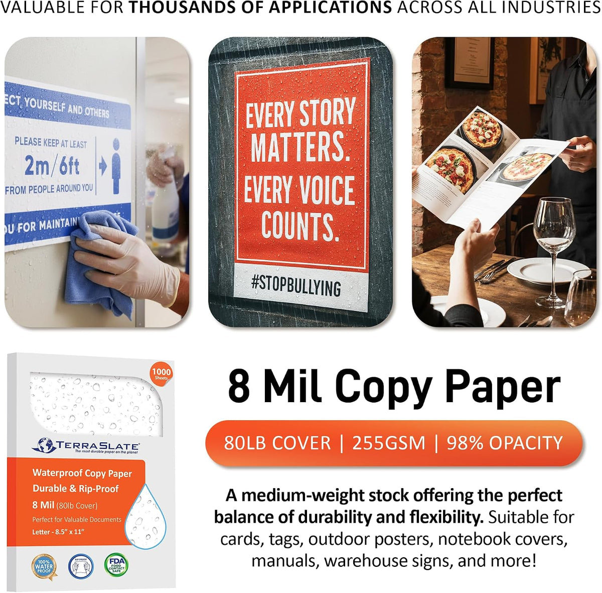 TerraSlate Premium Waterproof Printer Paper, 8 Mil 8.5 x 11 Inches, Durable & Heavy-duty paper (1000 Sheets)