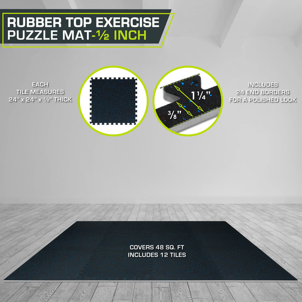 ProsourceFit Rubber Top Exercise Puzzle Mat Â½-inch, EVA Foam, Protective Interlocking Tiles for Home Gym Equipment and Workouts; Grey, 48 SQ FT, 12 Tiles