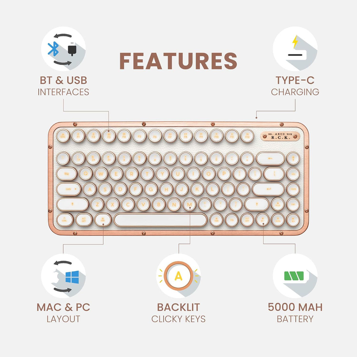Azio Retro Compact Keyboard (Posh) - Bluetooth Wireless/USB Wired Vintage Backlit White Leather Mechanical Keyboard with Arm Rest for Mac and PC (MK-RCK-L-02-US)