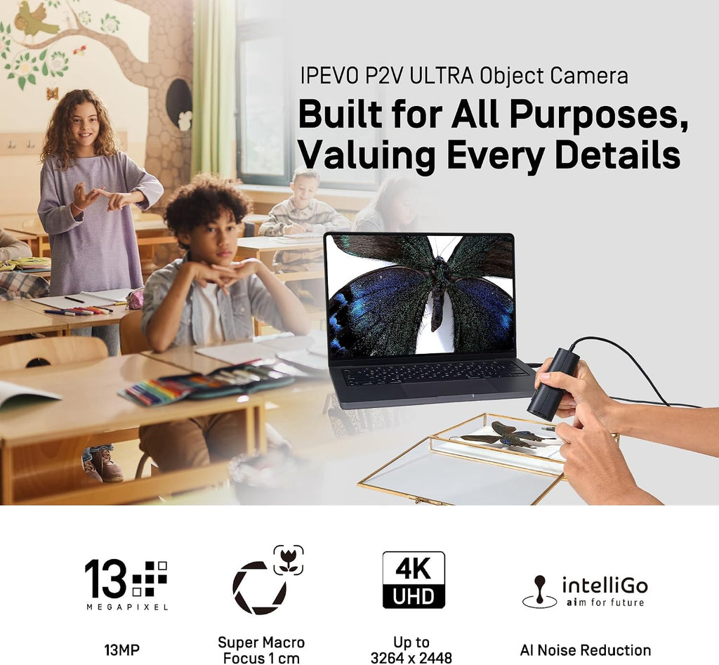 IPEVO P2V Ultra 4K/13MP Object Camera with Full Package, 1cm Super Macro Focus, Handheld, Doc Cam, Built-in Mic with AI Noise Reduction, for Close-up Demo, Teaching, Presentation & Online Meeting
