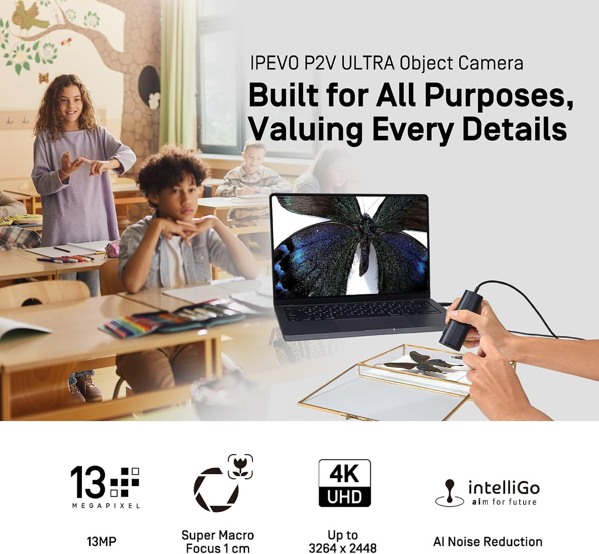 IPEVO P2V Ultra 4K/13MP Object Camera with Full Package, 1cm Super Macro Focus, Handheld, Doc Cam, Built-in Mic with AI Noise Reduction, for Close-up Demo, Teaching, Presentation & Online Meeting