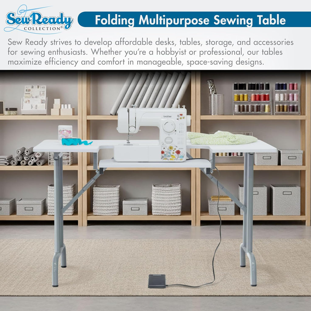 Sew Ready Folding Multipurpose Sewing Table - 47.5" W x 28" D Foldable White Hobby and Sewing Machine Table with Adjustable Shelf - Can Also Be Used as Computer Desk