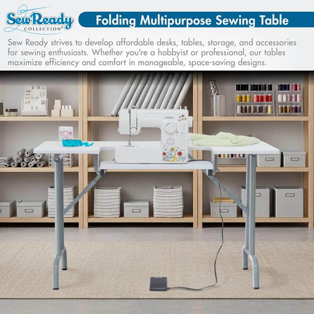 Sew Ready Folding Multipurpose Sewing Table - 47.5" W x 28" D Foldable White Hobby and Sewing Machine Table with Adjustable Shelf - Can Also Be Used as Computer Desk