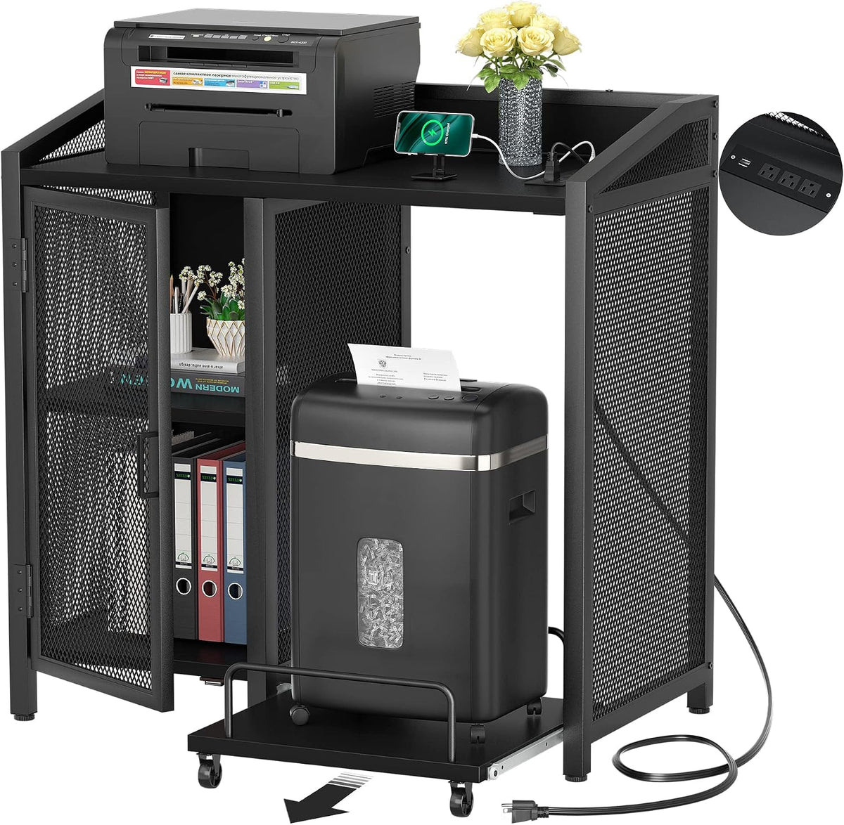 Unikito Large Printer Stand with Power Outlet and Storage Shelf, Black