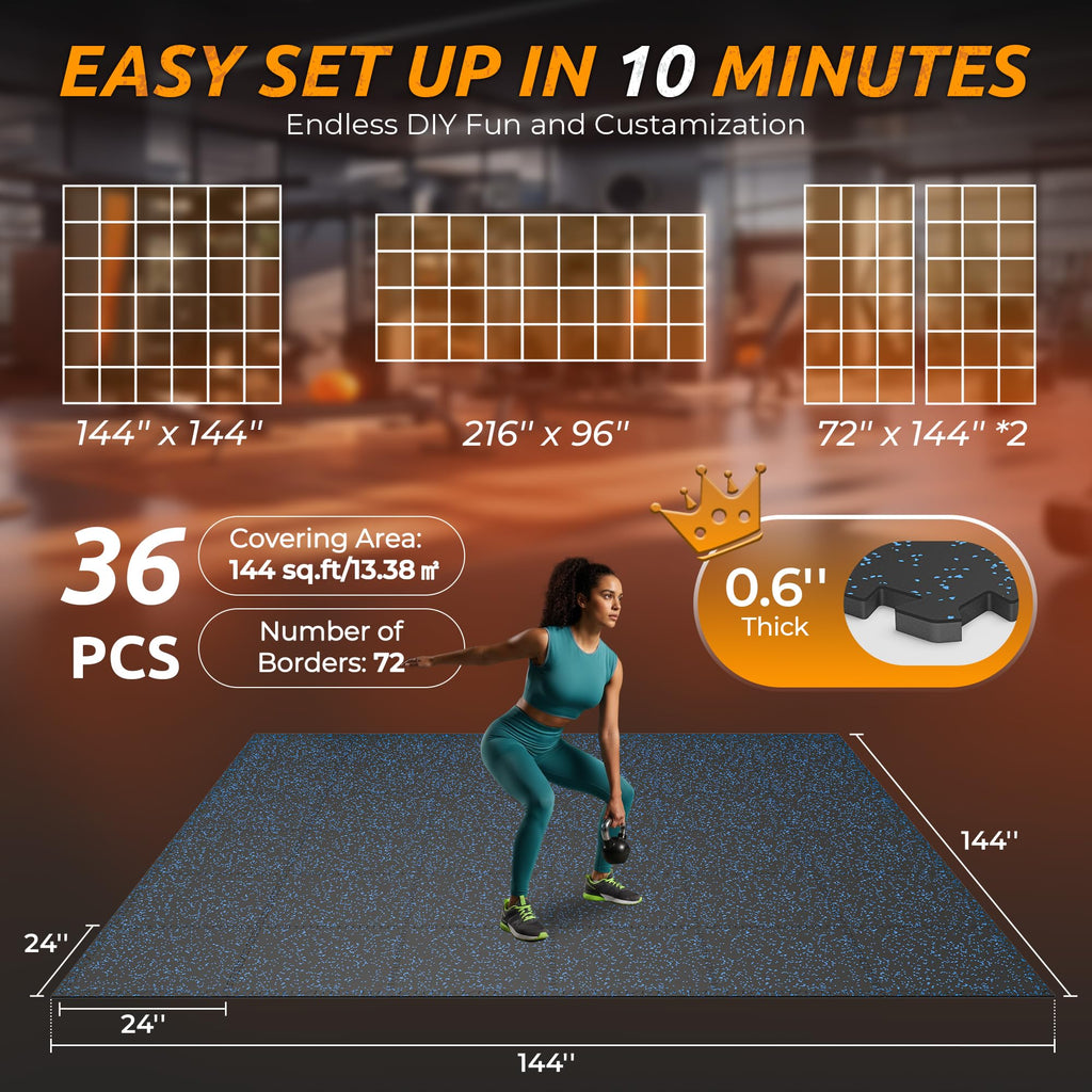 PRAISUN 0.6" Thicker Rubber Top 48 Sq Ft Gym Flooring for Home Gym
