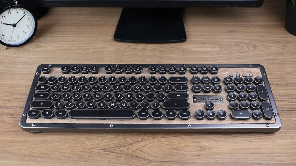 Azio Retro Classic Bluetooth Elwood - Bluetooth Luxury Vintage Backlit Mechanical Keyboard (Blue Switch, Walnut Wood, Gunmetal Matte Frame)(MK-RETRO-W-BT-01-US)
