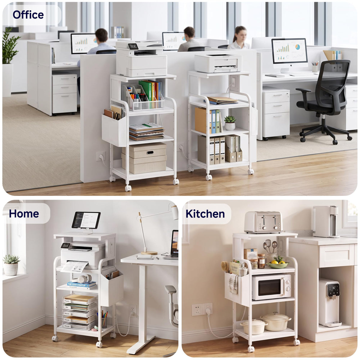 Tall Printer Stand with Charging Station, 4-Tier Mobile Cart, White