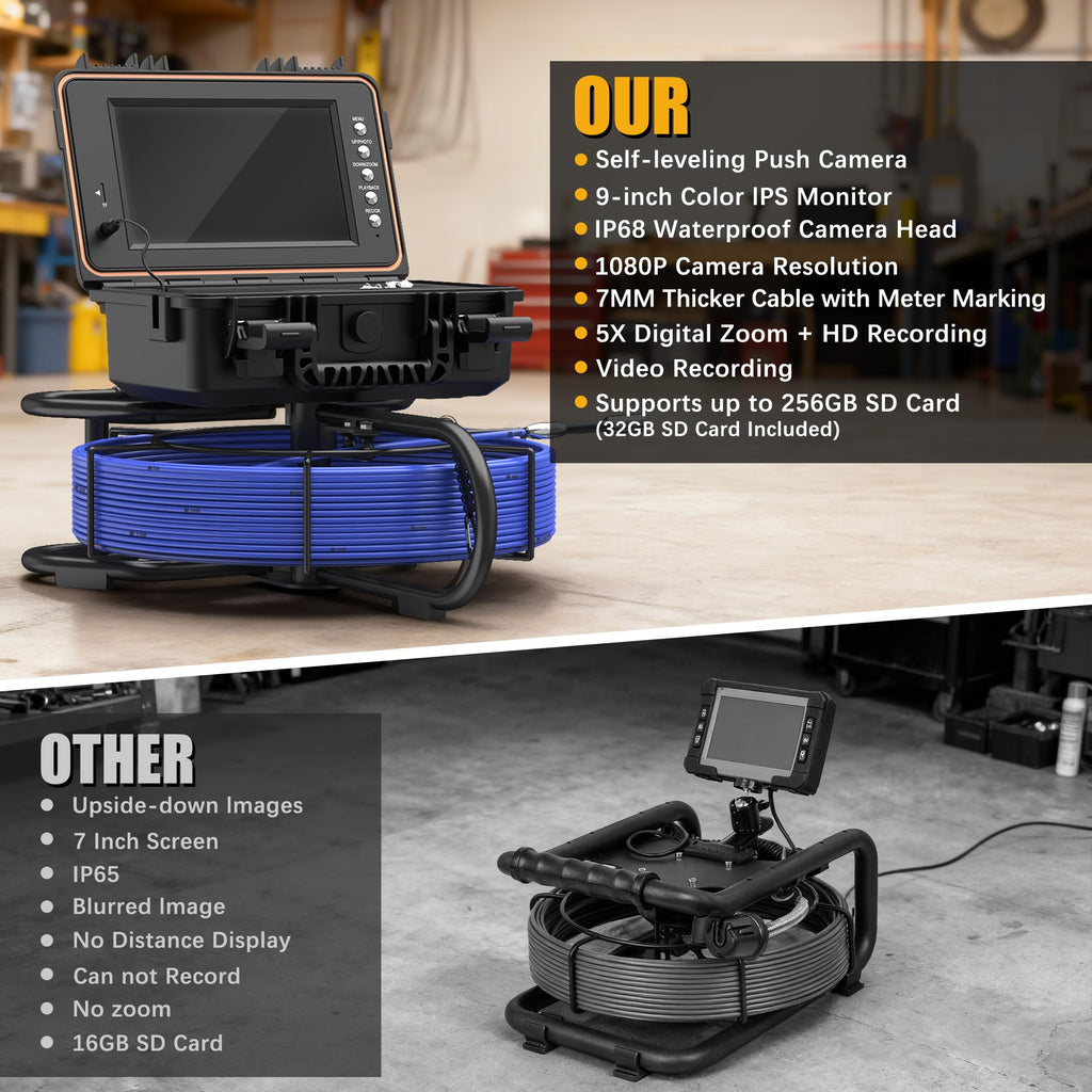 Powerwill Drain Camera with Self-Leveling, 165 ft / 50 m Sewer Pipe Inspection System, 9-Inch 1080P IPS Monitor, IP68-Rated Camera Head, 5 mm Push Cable with Meter Marking, DVR, 5X Zoom, 32GB Card