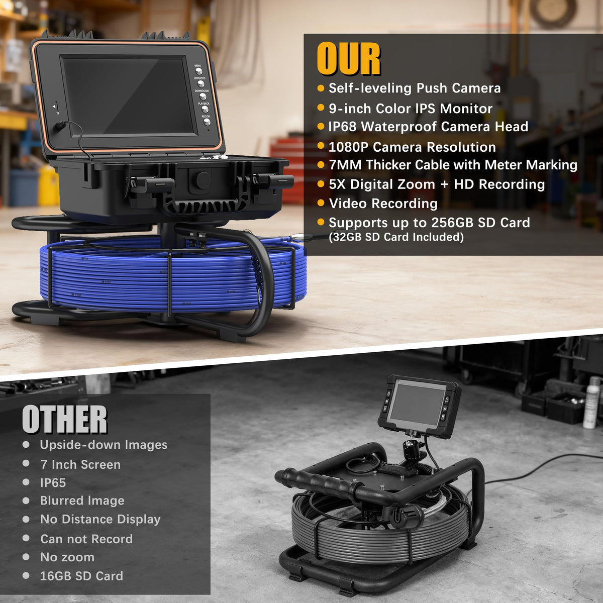 Powerwill Drain Camera with Self-Leveling, 165 ft / 50 m Sewer Pipe Inspection System, 9-Inch 1080P IPS Monitor, IP68-Rated Camera Head, 5 mm Push Cable with Meter Marking, DVR, 5X Zoom, 32GB Card