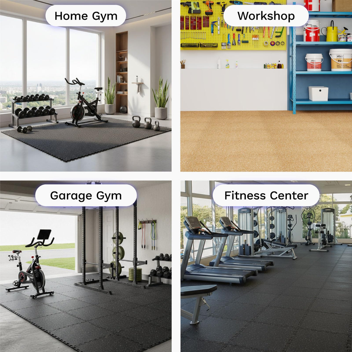 AIRHOP 1'' Ultra-Thick 48 Sq Ft Rubber Top Gym Flooring for Home Gym, 12 Tiles High Density EVA Foam Exercise Mats, Interlocking Puzzle Mats for Home Workout, Floor & Equipment Protection, Black/White