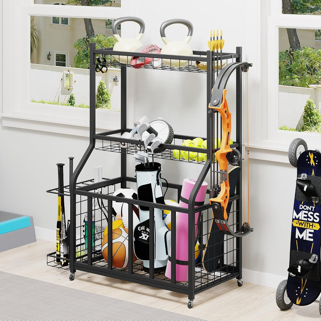 Ball Storage Rack Garage Sports Equipment Organizer with Hooks,Black