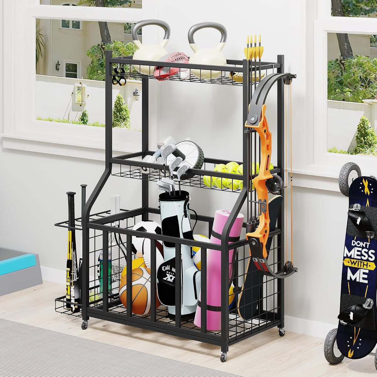 Ball Storage Rack Garage Sports Equipment Organizer with Hooks,Black