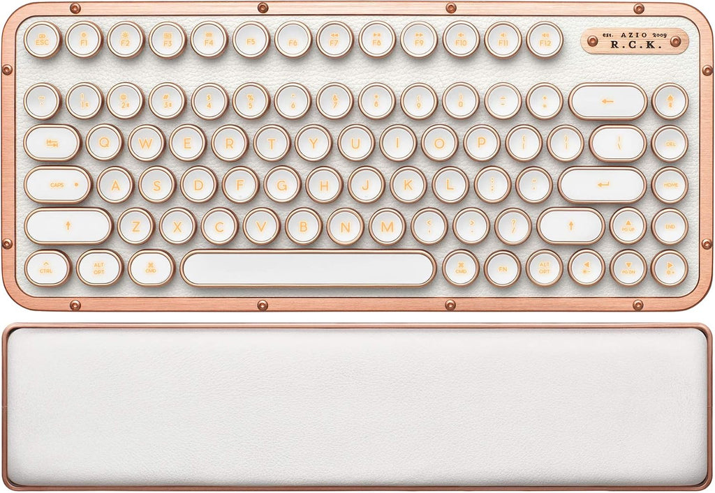 Azio Retro Compact Keyboard (Posh) - Bluetooth Wireless/USB Wired Vintage Backlit White Leather Mechanical Keyboard with Arm Rest for Mac and PC (MK-RCK-L-02-US)