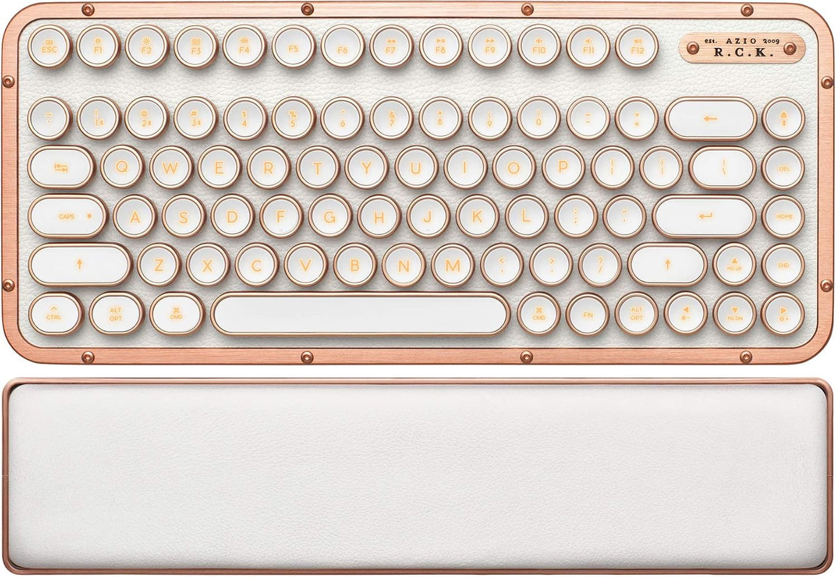 Azio Retro Compact Keyboard (Posh) - Bluetooth Wireless/USB Wired Vintage Backlit White Leather Mechanical Keyboard with Arm Rest for Mac and PC (MK-RCK-L-02-US)