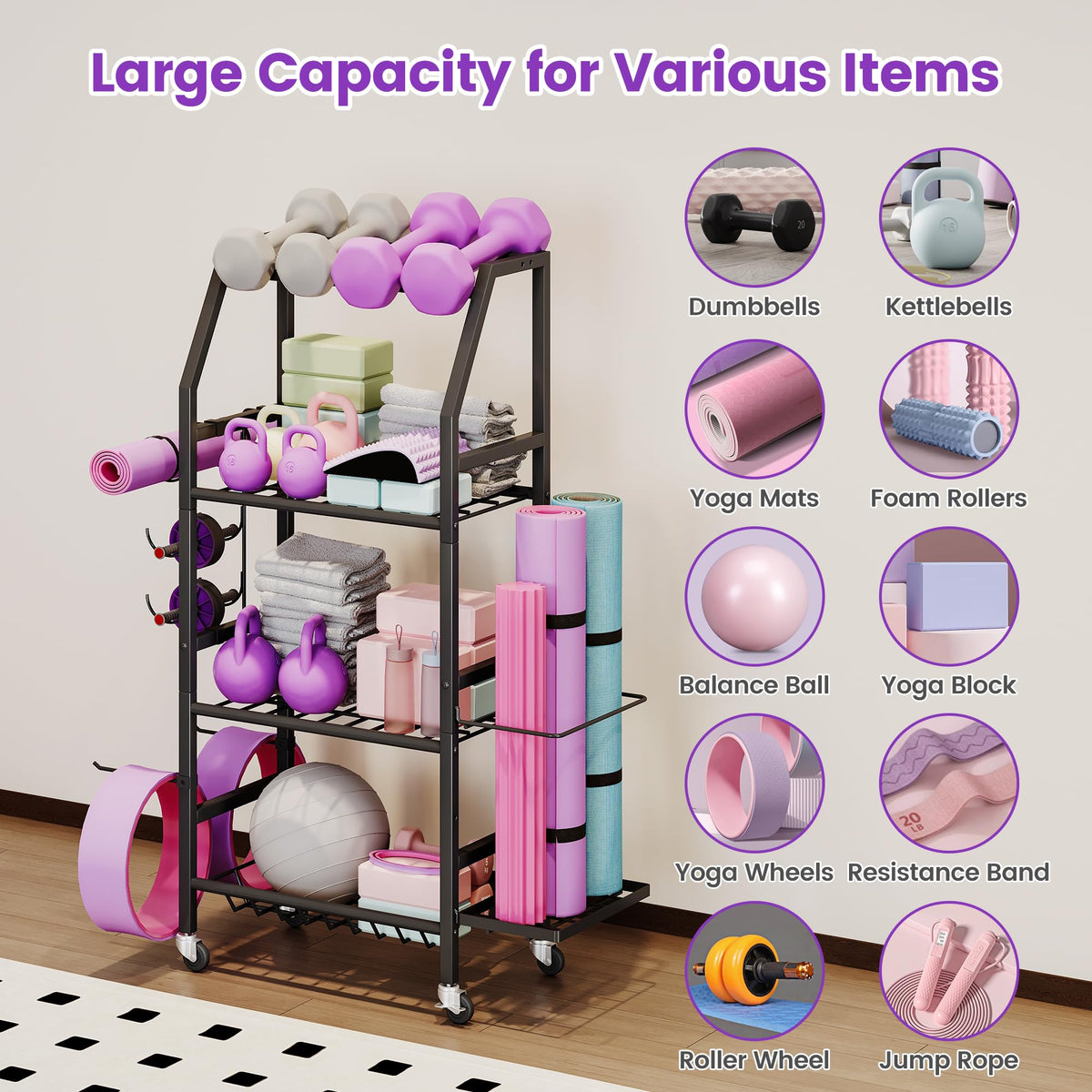 Homeiju Dumbbell Rack, Weight Rack for Home Gym, Yoga Mat Storage Holder with Lockable Wheels, Dumbbell Stand with Hooks, All in One Work out Equipment Storage for Yoga Mat Dumbbell and Balls