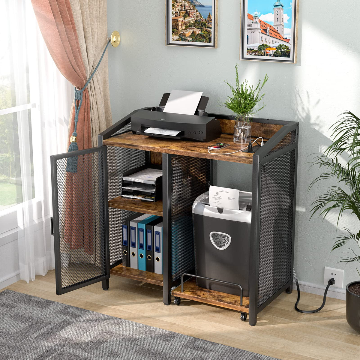 Unikito Large Printer Stand with Power Outlet and Storage Shelf, Black