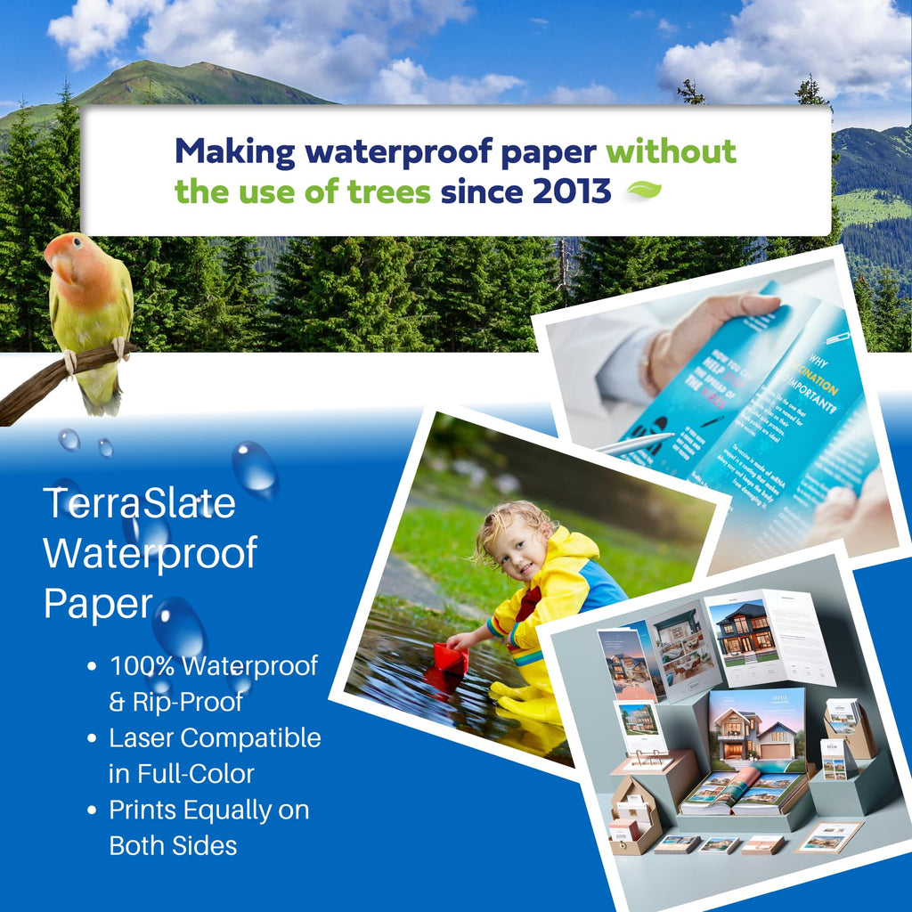 TerraSlate Premium Waterproof Paper, 5 Mil 8.5â x 11â, Laser Printer & Copy Machine Compatible, Durable & Rain/Weather-Proof Copy Paper, White Paper (100 Sheets)