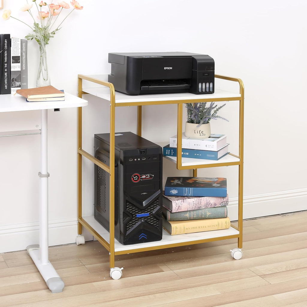 3-Tier Rolling Printer Cart Table Stand Shelves, PC Tower Stand Shelf With Wheels - Under Desk Shelf Unit Storage And Organization, End Sofa Table For Home, Office (White Gold)