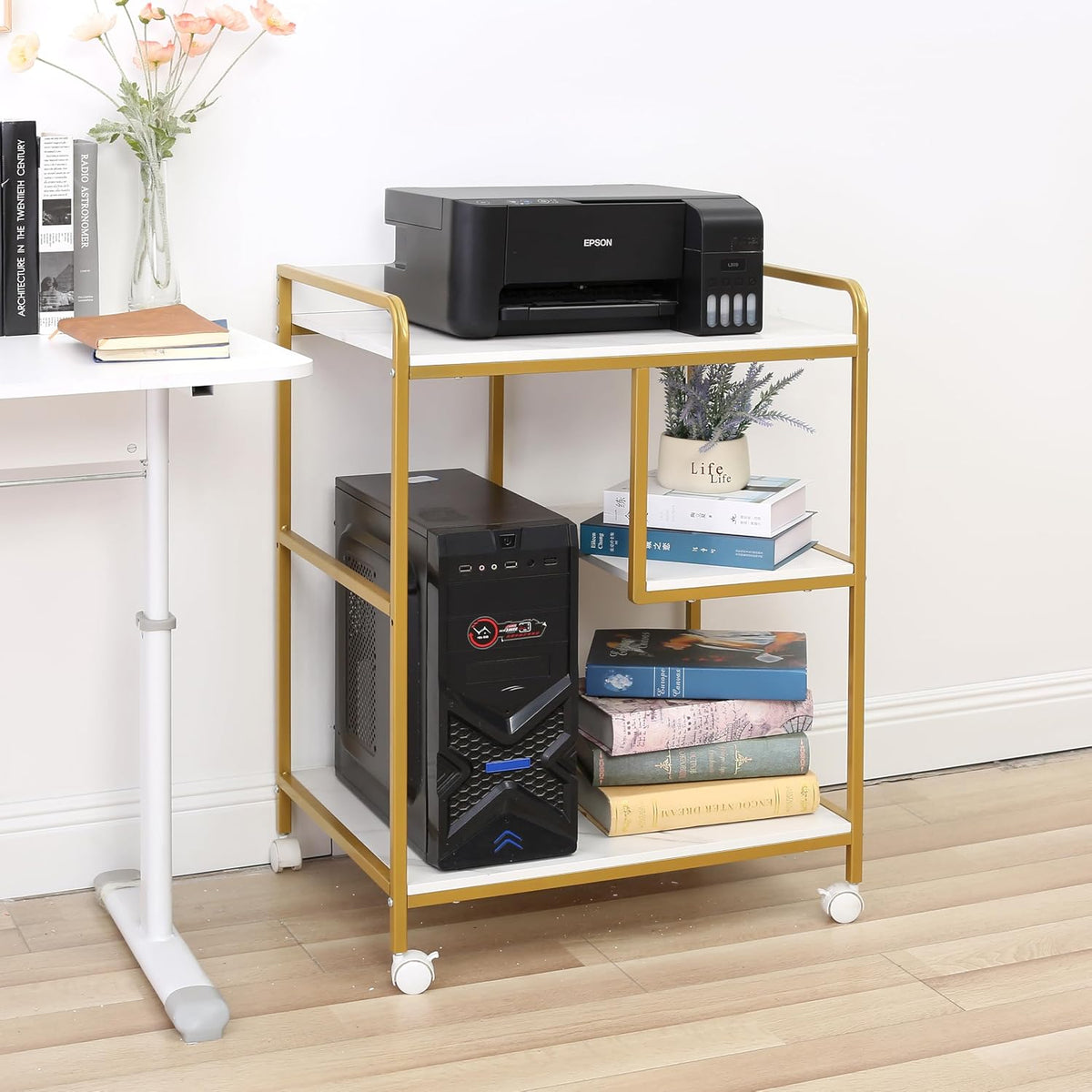 3-Tier Rolling Printer Cart Table Stand Shelves, PC Tower Stand Shelf With Wheels - Under Desk Shelf Unit Storage And Organization, End Sofa Table For Home, Office (White Gold)