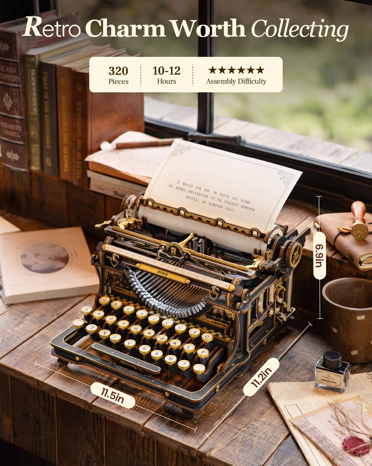 ROKR Typewriter 3D Wooden Puzzles for Adults Building Model (Magic Red)