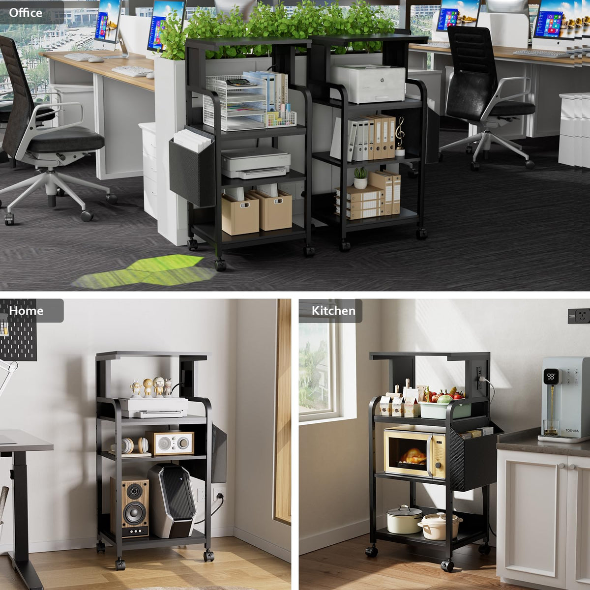 Tall Printer Stand with Charging Station, 4-Tier Mobile Cart, White