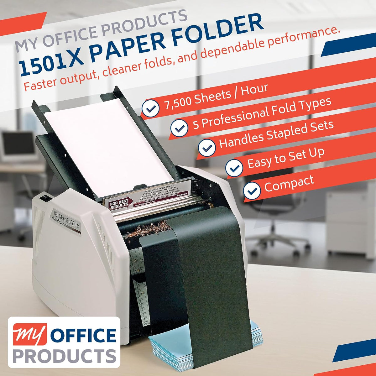 Martin Yale 1501X Automatic Paper Folder, Document Folder with Manual Feed for Stapled Sets up to 3 Sheets, 5 Fold Types, 150 Sheet Capacity, Up to 7,500 Sheets per Hour