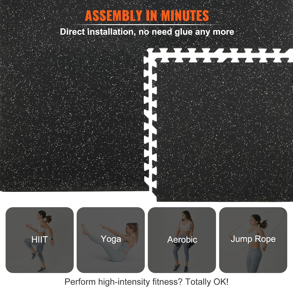 VEVOR 0.56Inch 48sq.ft 12 Tiles Gym Flooring for Home Gym, Rubber Top with High Density EVA Foam, 25 x 25In Gym Floor Exercise Equipment Mats, Interlocking Gym Mats, Puzzle Workout Mats, Black & Gray