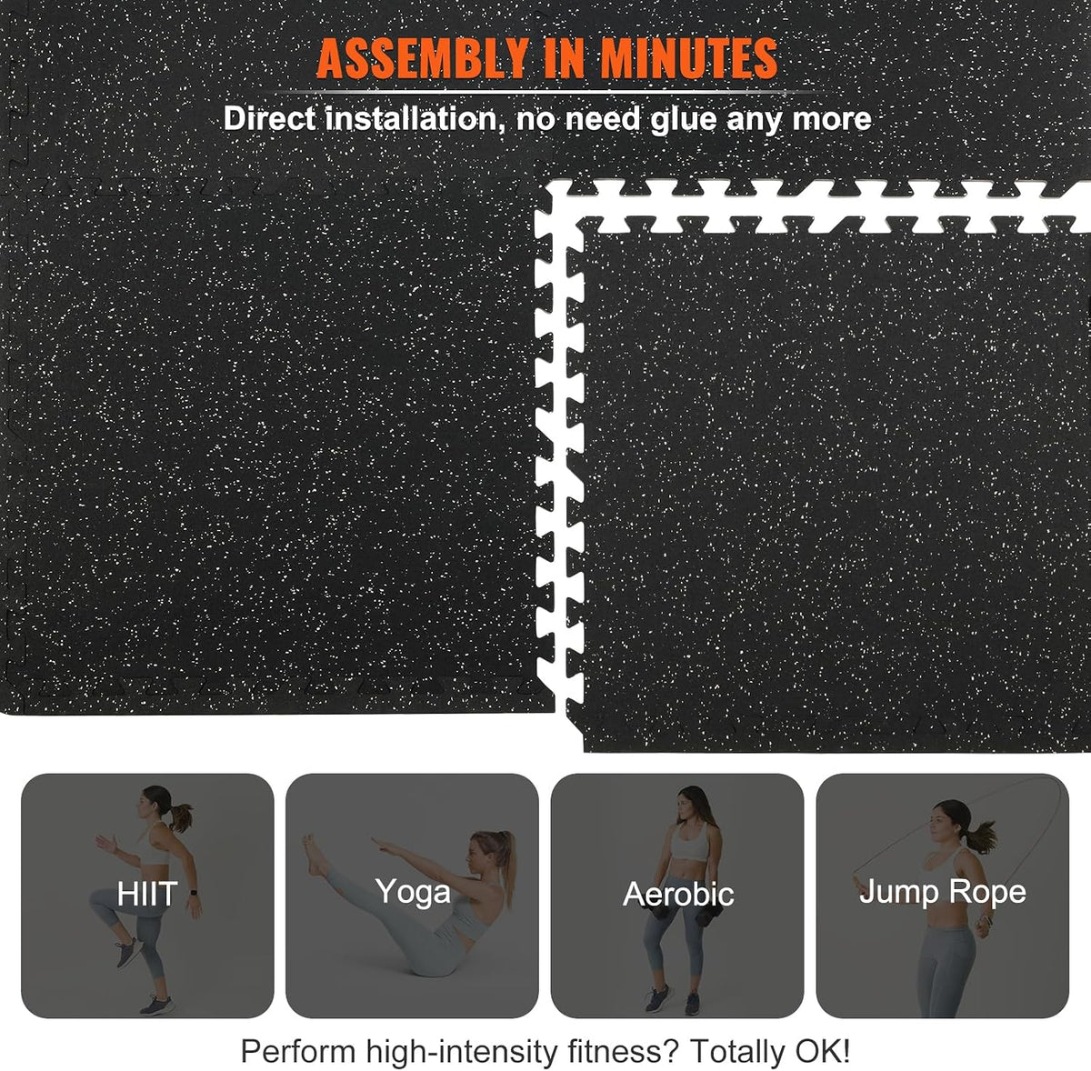 VEVOR 0.56Inch 48sq.ft 12 Tiles Gym Flooring for Home Gym, Rubber Top with High Density EVA Foam, 25 x 25In Gym Floor Exercise Equipment Mats, Interlocking Gym Mats, Puzzle Workout Mats, Black & Gray