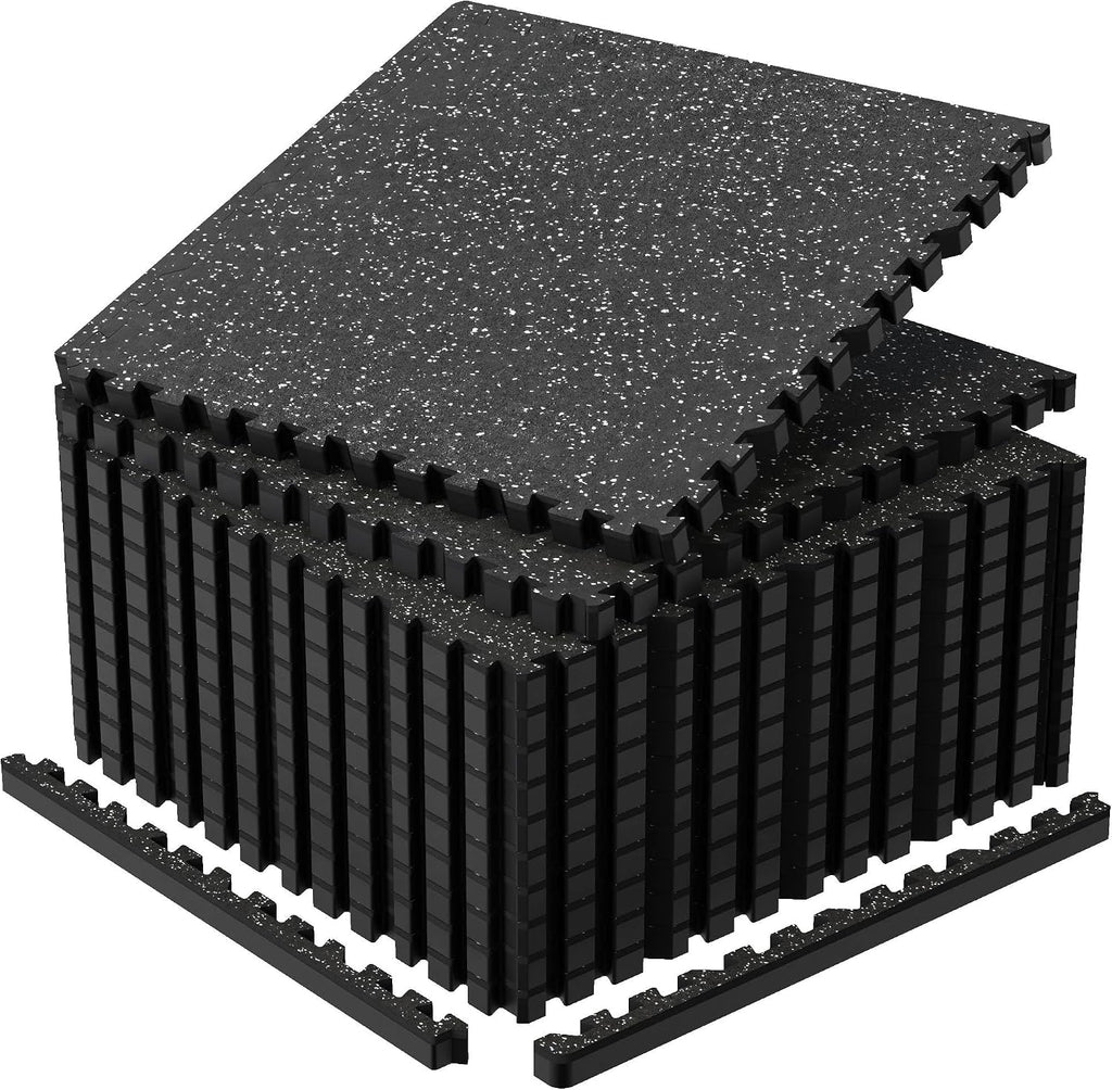 1'' Thick 48 Sq Ft Protective Gym Flooring for Home Gym, 12 Tiles Extra-Thick Rubber Top with High Density EVA Foam, Interlocking Exercise Equipment Mats, Heavy Weight Workout, Black & White