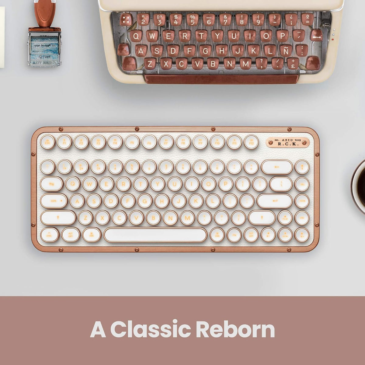 Azio Retro Compact Keyboard (Posh) - Bluetooth Wireless/USB Wired Vintage Backlit White Leather Mechanical Keyboard with Arm Rest for Mac and PC (MK-RCK-L-02-US)