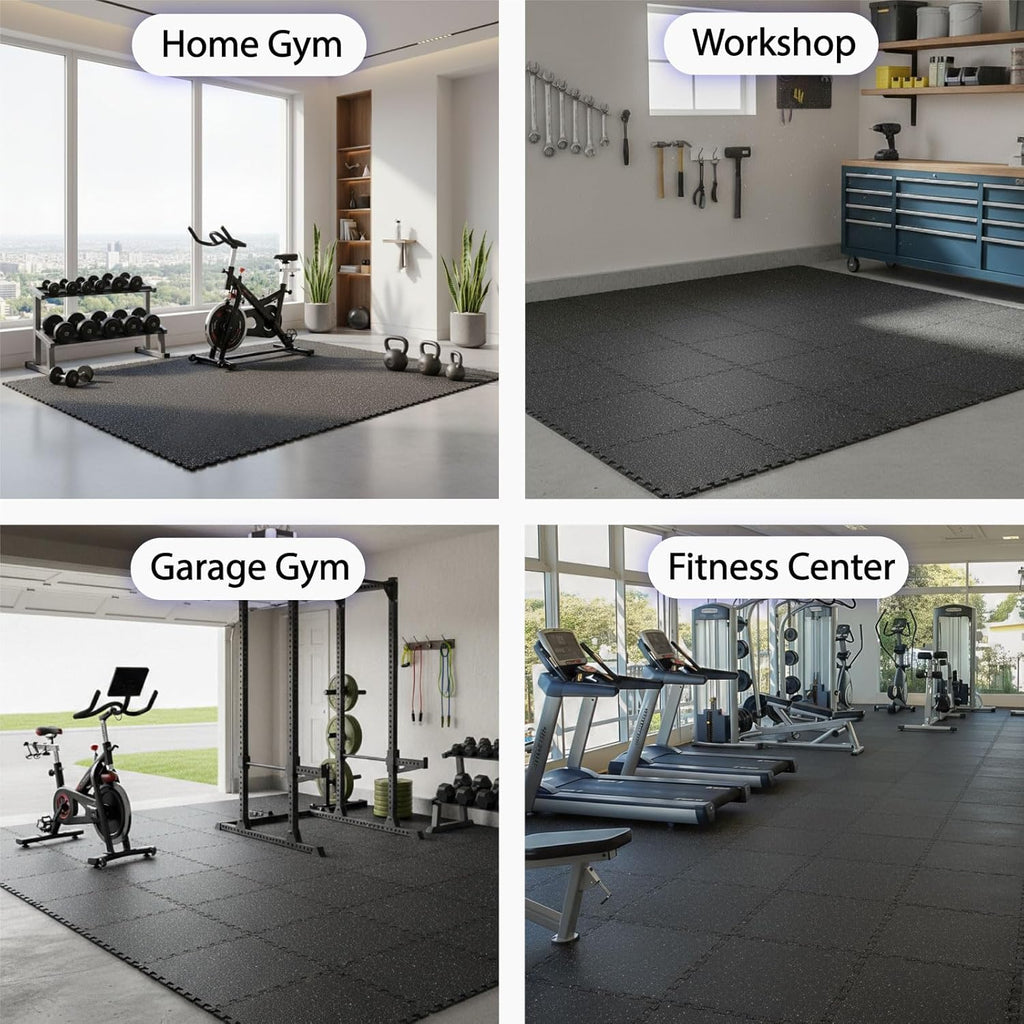 AIRHOP 1'' Ultra-Thick 48 Sq Ft Rubber Top Gym Flooring for Home Gym, 12 Tiles High Density EVA Foam Exercise Mats, Interlocking Puzzle Mats for Home Workout, Floor & Equipment Protection, Black/White