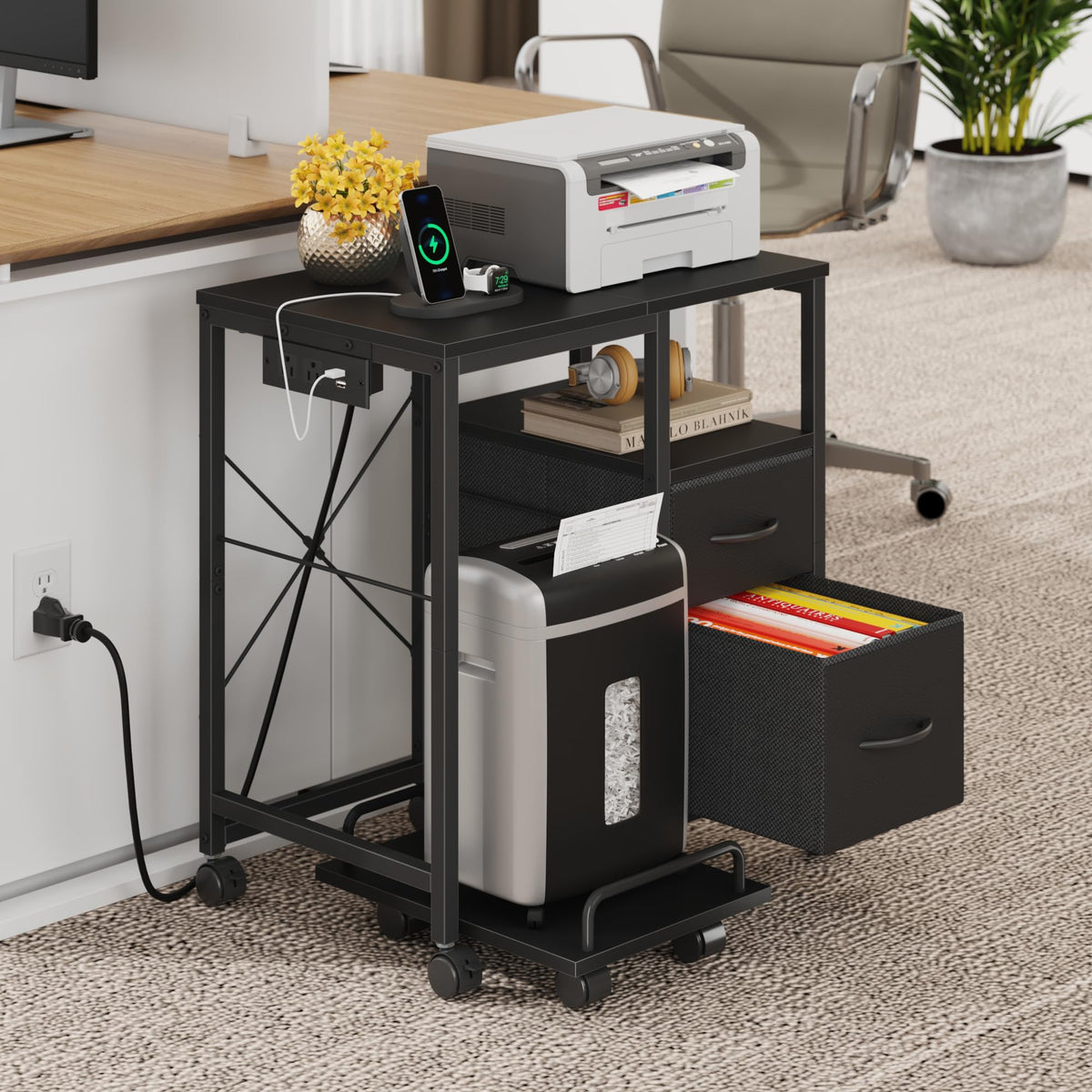 YAOHUOO Printer Stand with Power Outlet/Drawers, Printer and Shredder Stand